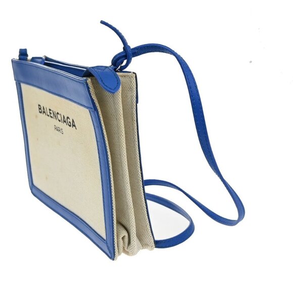 BALENCIAGA Logo 2Way Shoulder Clutch Bag Canvas Leather Beige Blue - Picture 8 of 11